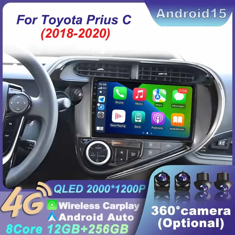 

Android 15 Carplay Auto Car Radio For Toyota Prius C 2018 - 2020 Multimedia Video RHD Player Navigation GPS Stereo WIFI Wireless