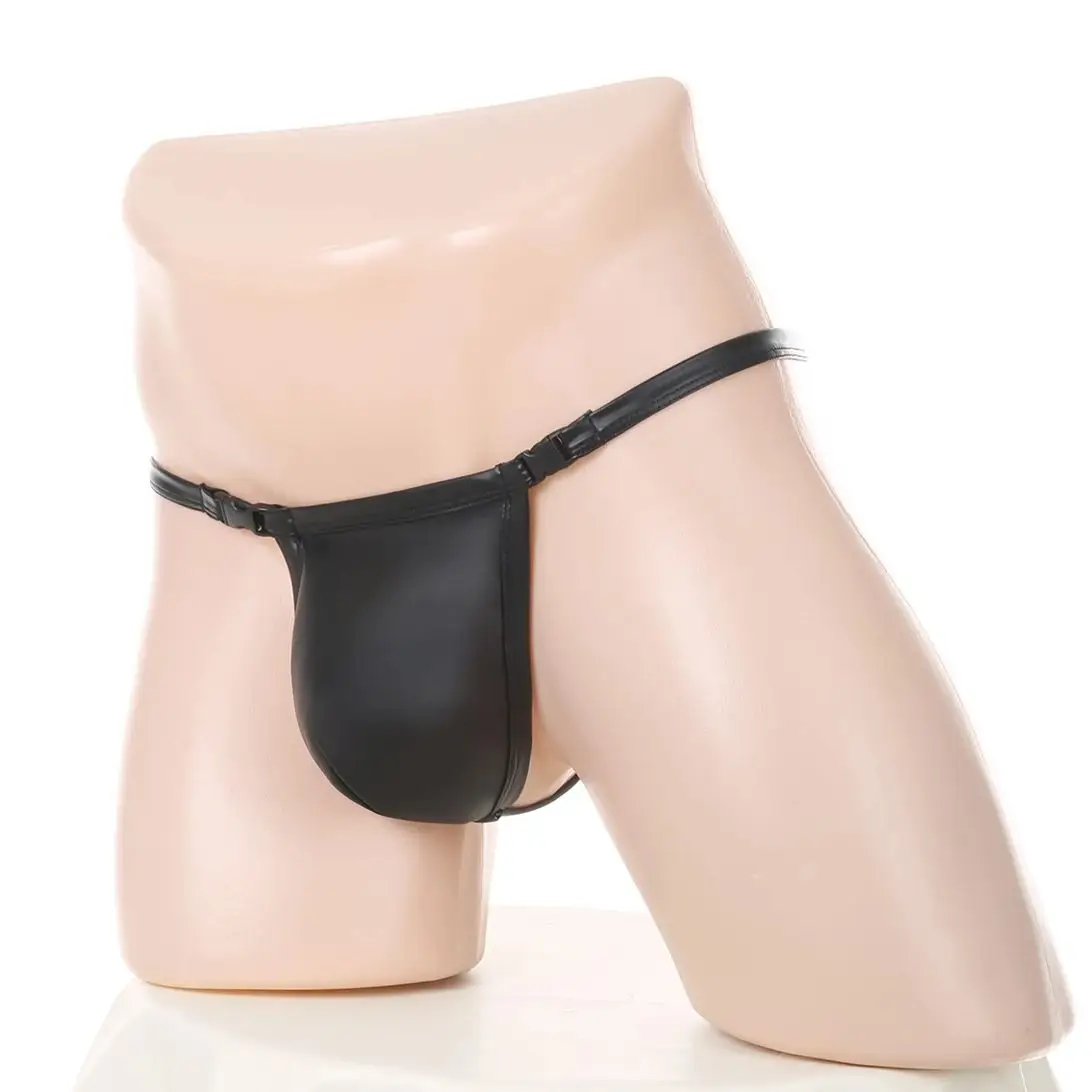 Celana Dalam Pria Model Thong Kulit Imitasi dengan Kantong Penis, Bikini String Erotis, Lingerie T-Back, Celana Dalam Hitam Seksi dan Bernapas