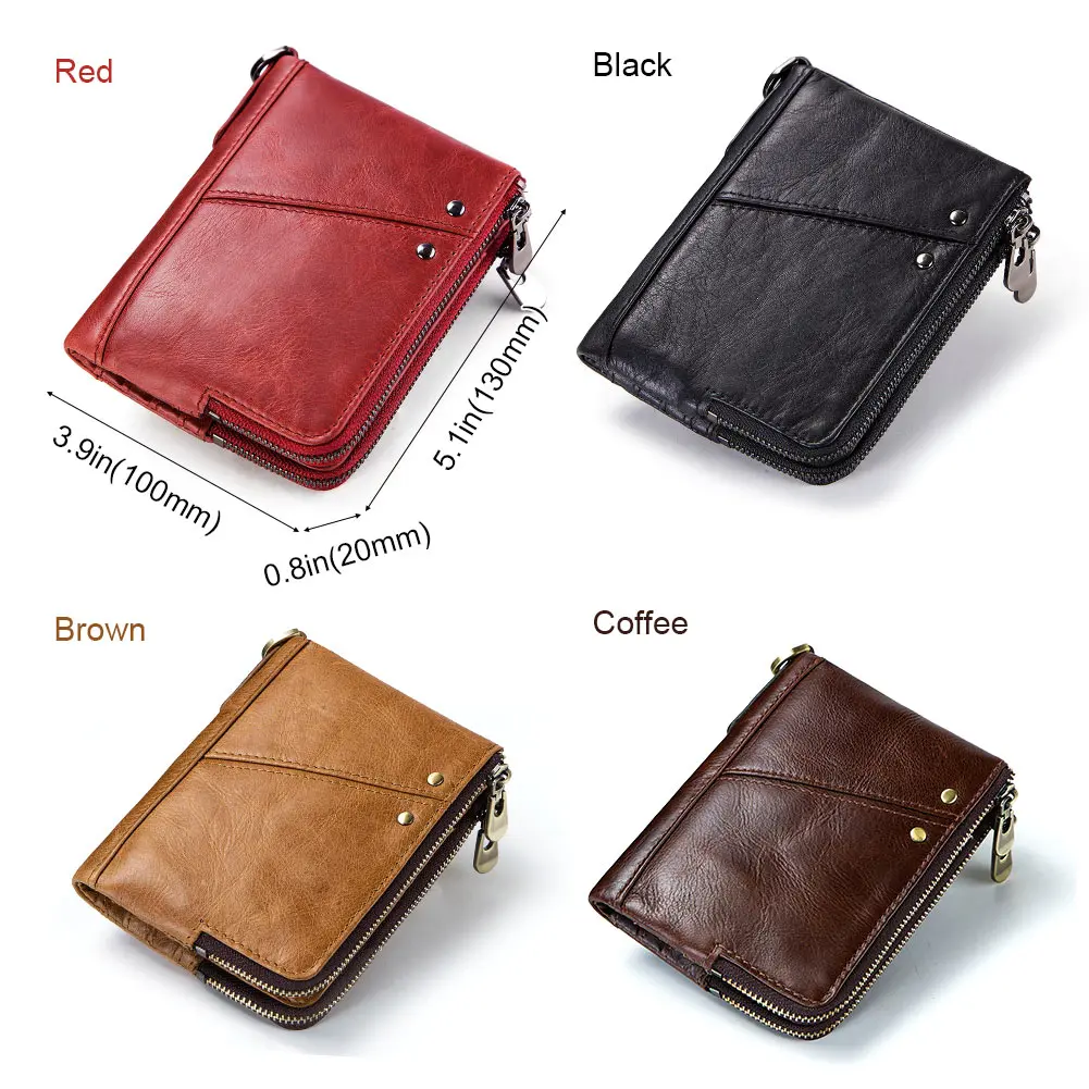 RFID Card Holder Wallet for Men Genuine Leather Small Money Bag Luxury Double Zipper Coin Pocket Quality Male Clutch Carteira