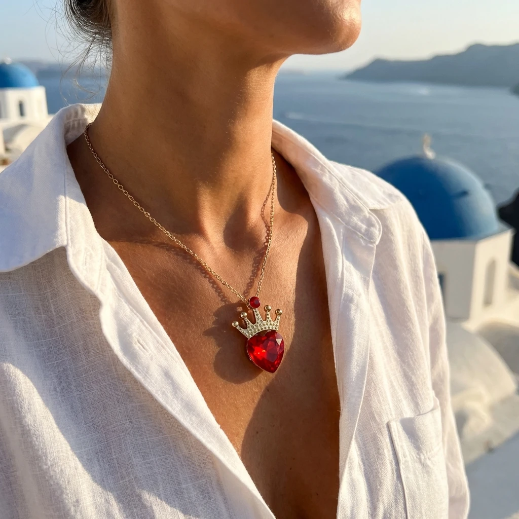 Light Luxury Red Crystal Heart Pendant Necklace for Women Gold Color Crown Zircon Choker Gothic Punk Party Charm Jewelry Gift