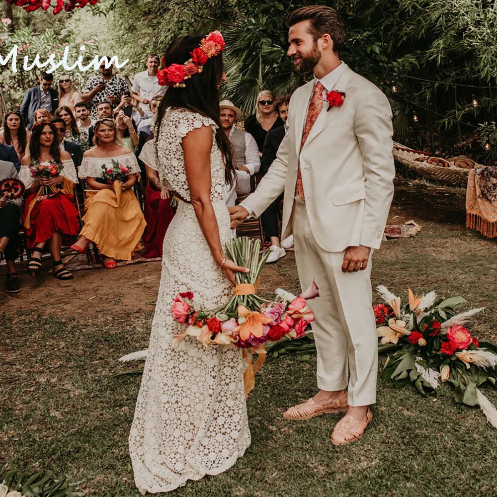 Vestidos De novia bohemios De encaje rústico, vestido De novia Civil bohemio sexi De dos piezas con espalda descubierta, vestido De novia personalizado