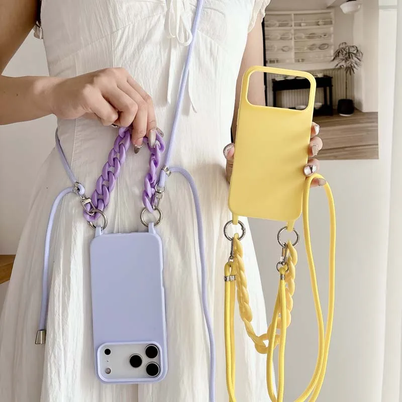 Mode Candy Reine Farbe Flüssigkeit Silikon Fall Für IPhone 17 Pro Max Air 16E 15 14 13 12 Plus Tragbare Kreuz-körper Anti-Drop Abdeckung