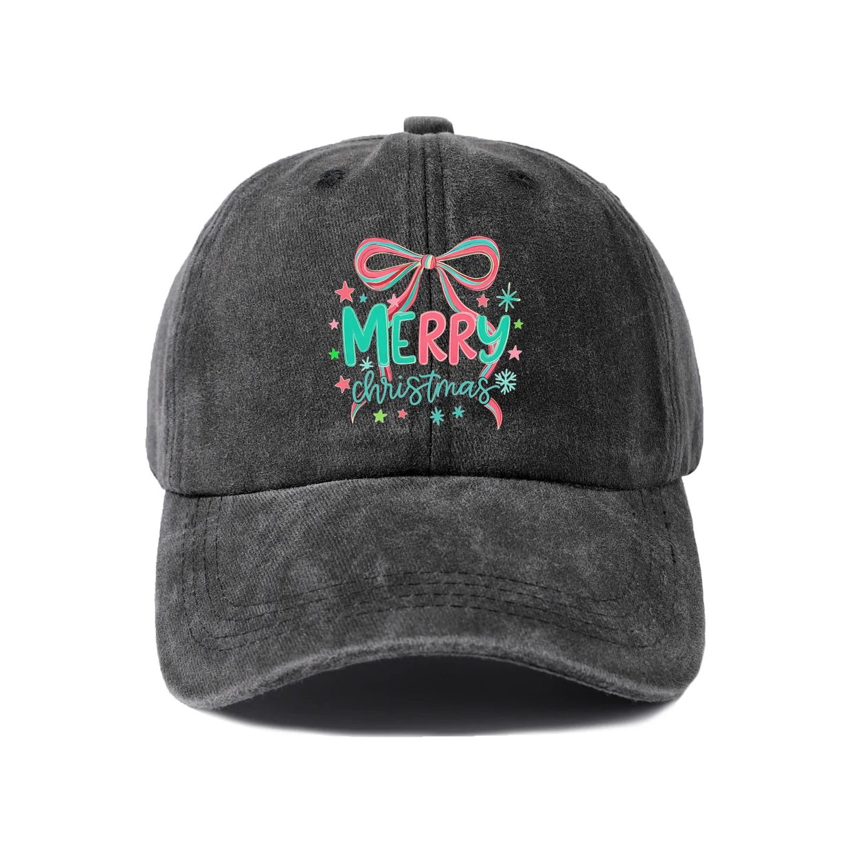 Merry Christmas Bow Typography Graphic Vintage Washed Baseball Cap, Adjustable Unisex Dad Hat for Men and Women