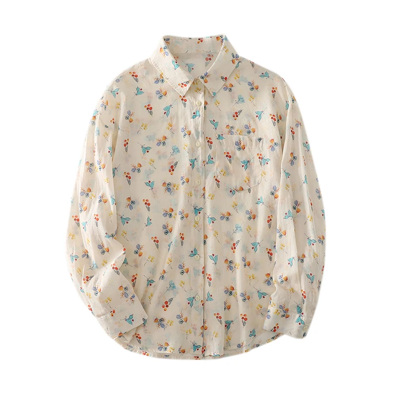 ผู้หญิงฤดูใบไม้ผลิฤดูร้อน Retro ดอกไม้พิมพ์ผ้าฝ้ายผ้าลินินเสื้อแขนยาวผู้หญิงเสื้อ Boho Streetwear Beach Holiday