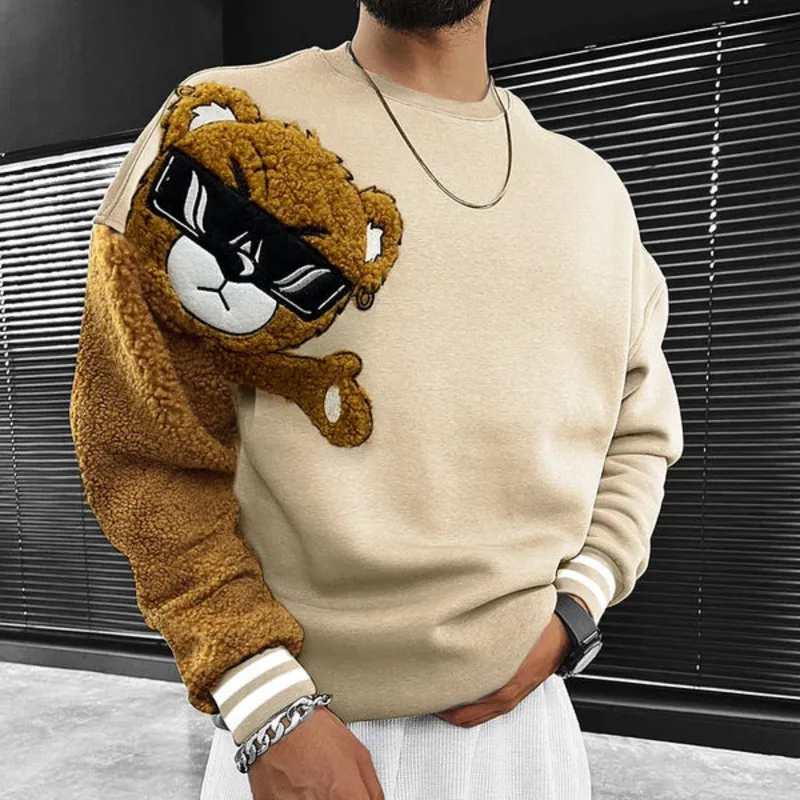 Cute Teddy Bear Printted Hoodies Casual Loose O-Neck Loog Sleeve Solid Color Pullover Spring Autumn Men Fashion Personality Tops