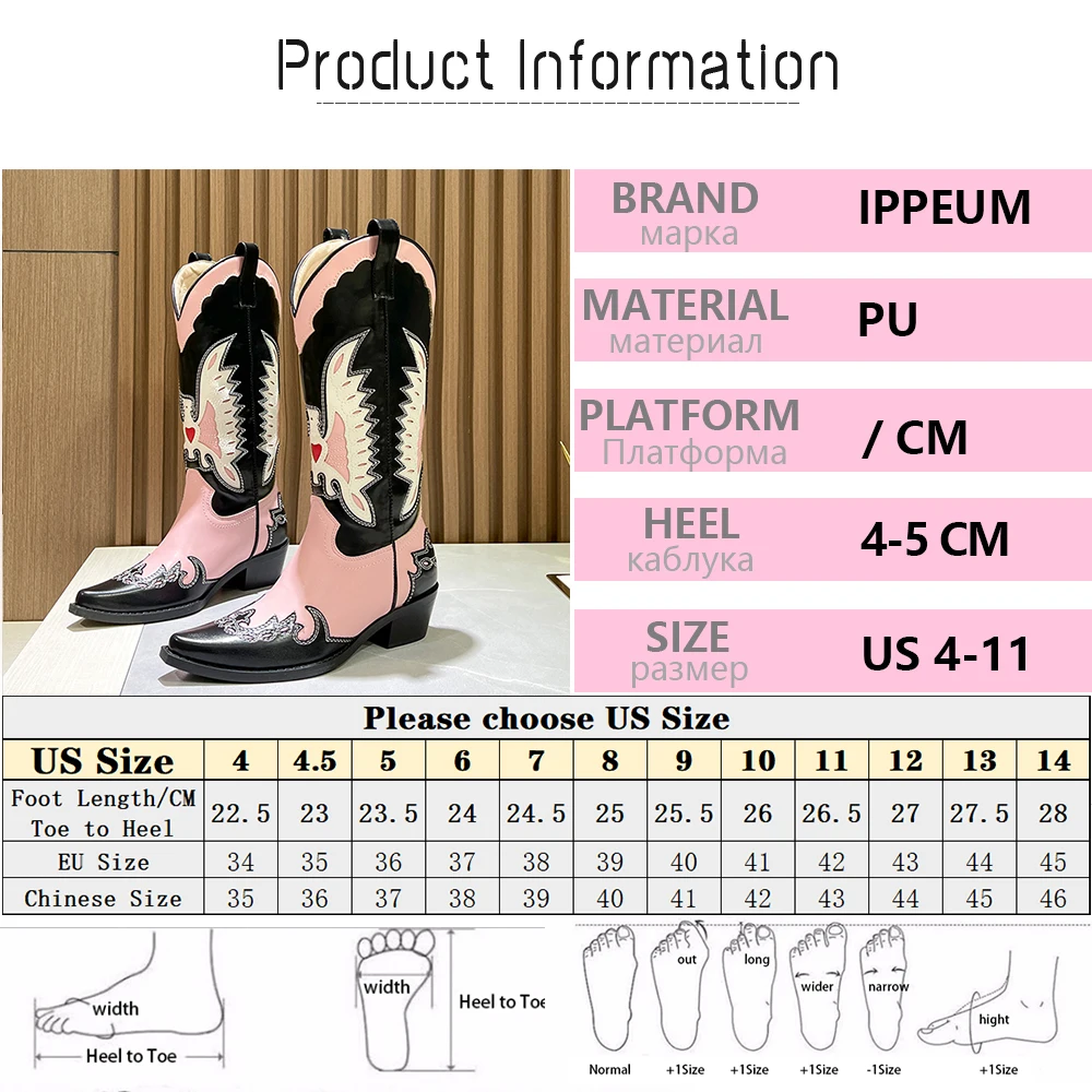 IPPEUM Country Western Women Cowboy Boots For Woman Leather Shoes Plus Size 44 Mid Calf Pink Black Embroidered Cowgirl Boots