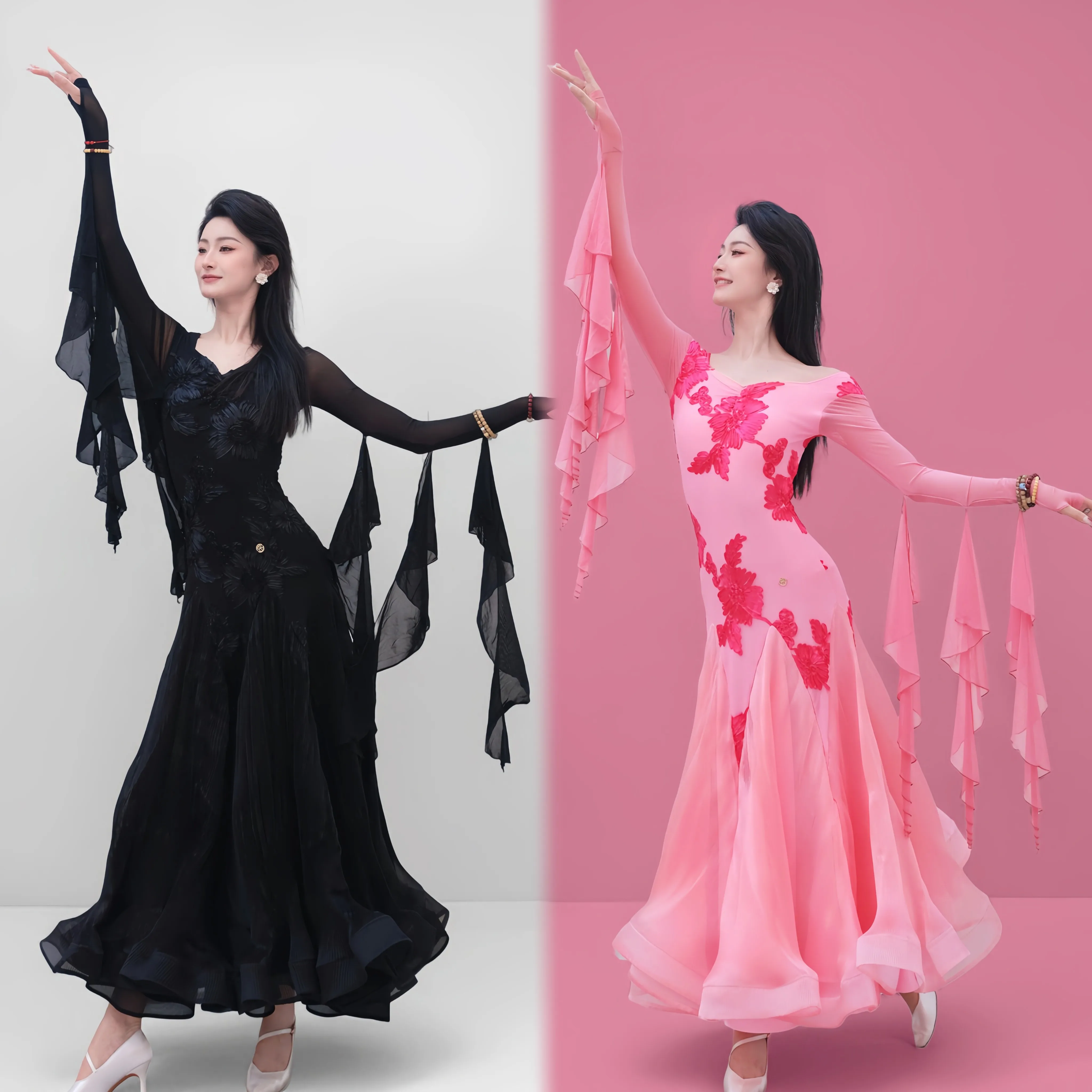 2026 Ballroom Dance Dress For Women Printed One Shoulder Floating Sleeve Fishbone Dress Adult Waltz Modern Dance Wear DQS22058