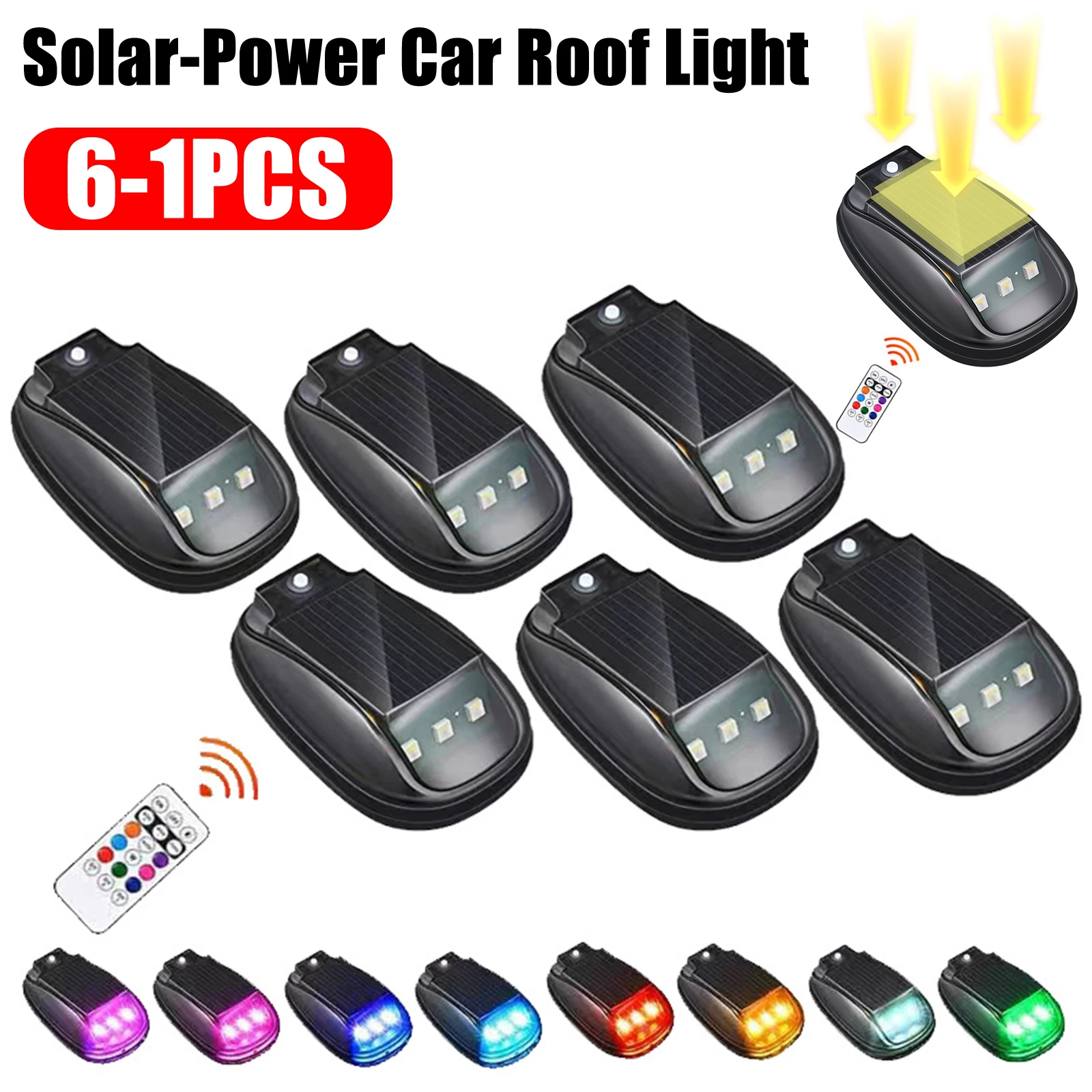 

﻿ 6-1PCS Solar-Power Car Roof Light with RC Punch-Free Wireless Flashing Lights RGB Solar Powered Strobe Pilot Light for Car