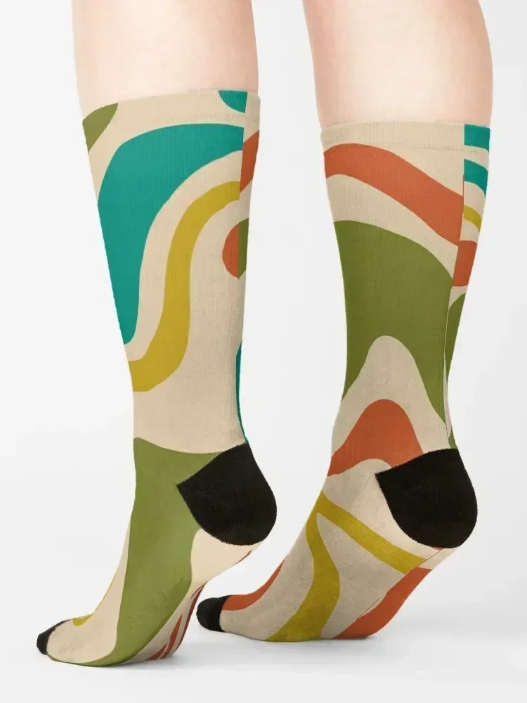 Motif abstrait rétro à tourbillon liquide dans les couleurs mod du milieu du siècle chaussettes compression pour hommes randonnée chaussettes chaudes d'hiver dames hommes