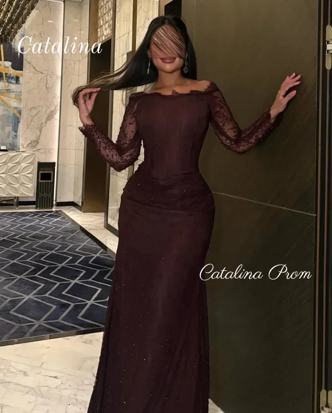 

Off The Shoulder Prom Dress Long Sleeves Lace Evening Dress Customized High Quality Floor Length Full Sleeves Sweep Train