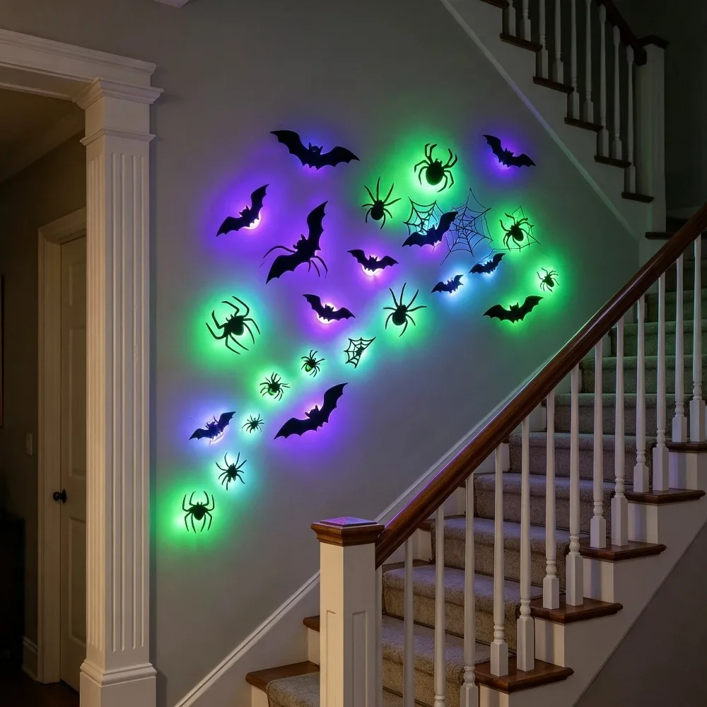 Halloween 3D Spider Bat Wall Stickers LED Flash Light Decals 21Pcs Spooky Atmosphere Wall Decor for Window Party Home Ornaments
