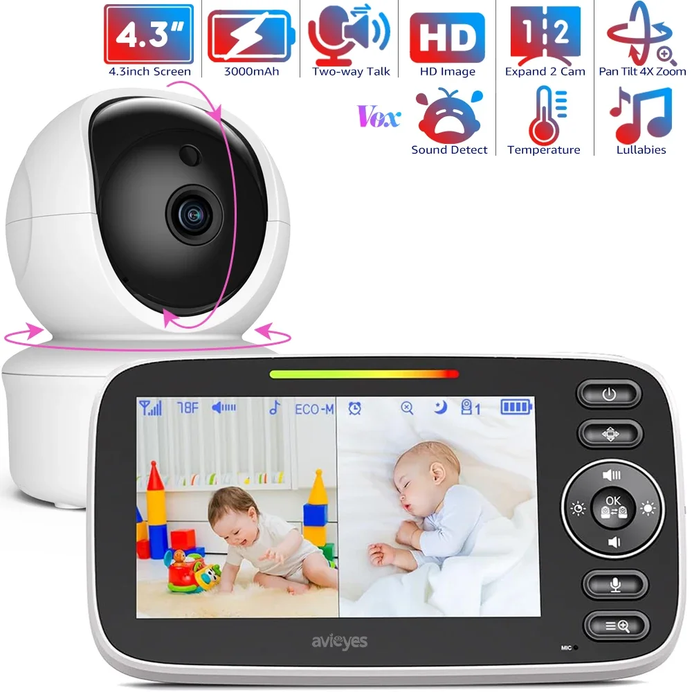 

4.3 Inch Electronic Baby Monitor with Camera and Audio,Remote Pan Tilt,Night Vision,Temperature Sensor,2-way Talk,Lullabies