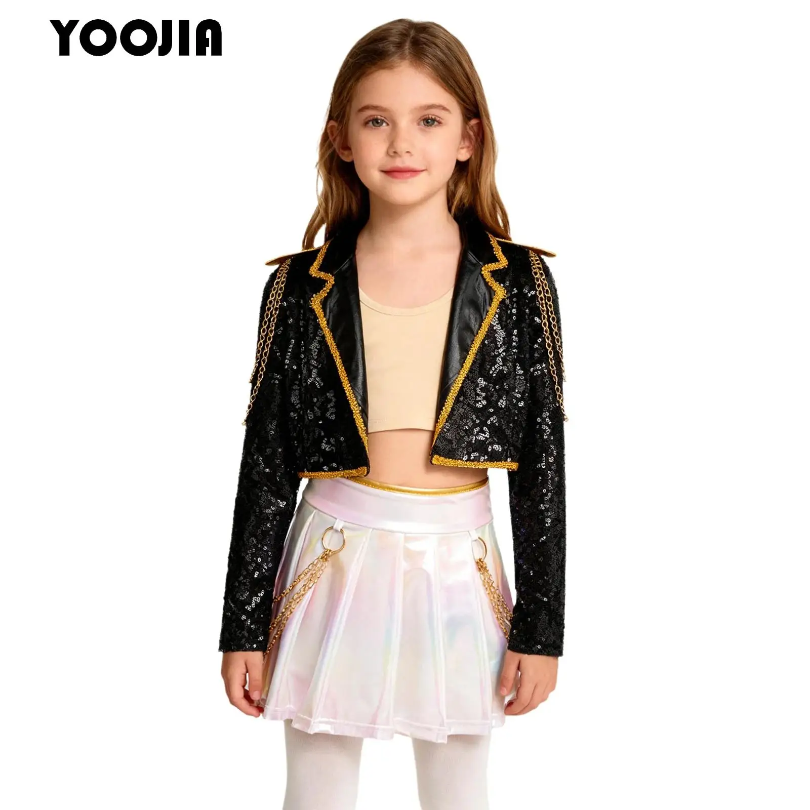 

Halloween Girls Demon Cosplay Movie Singer Costume Outfits Sequins Long Sleeve Coat Outwear and Waist Chain Pleated Skirt Set