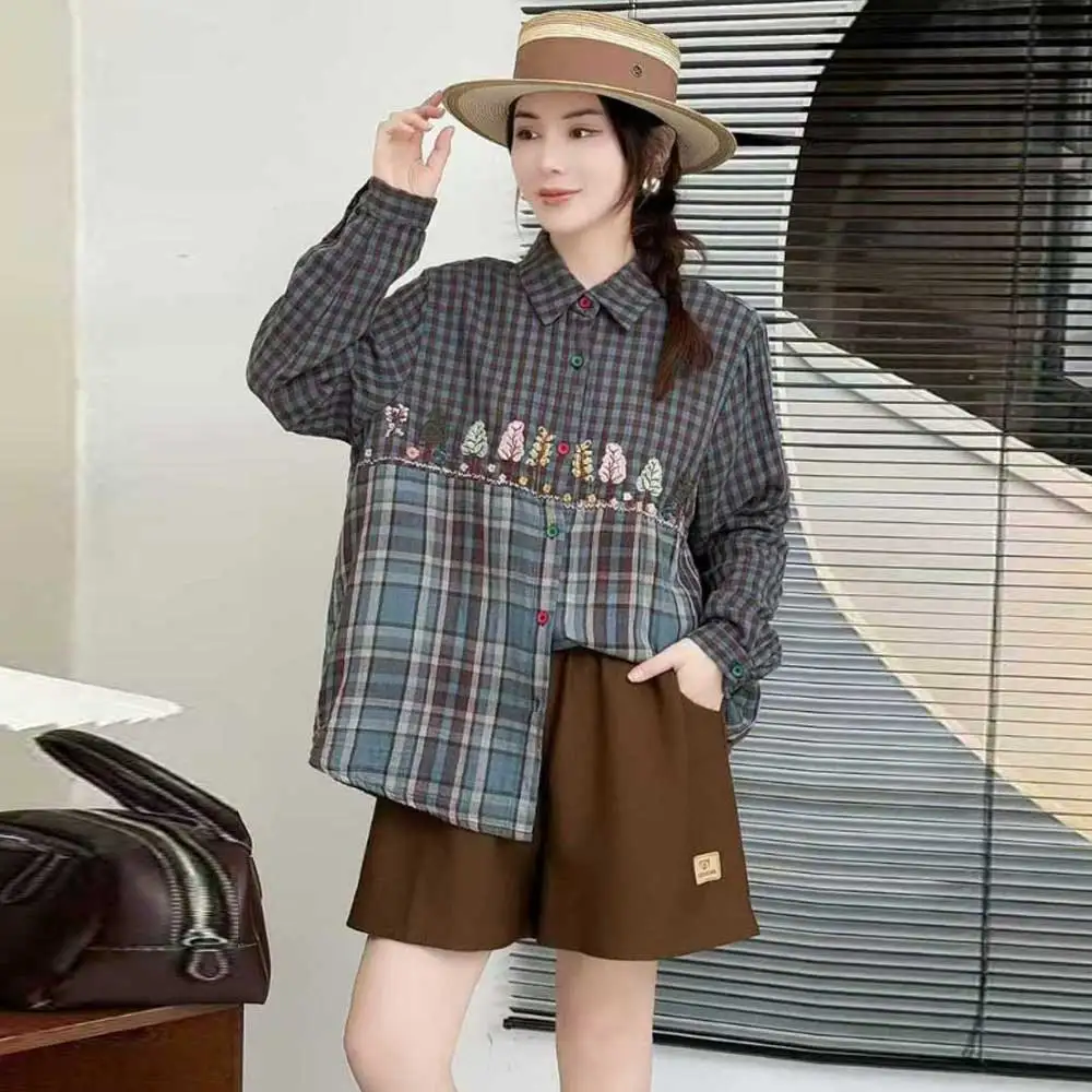 Japanese Mori Girl Vintage Plaid Embroidered Tree Cotton Shirts Women Autumn Turn Down Collar Long Sleeve Retro Loose Blouse Top