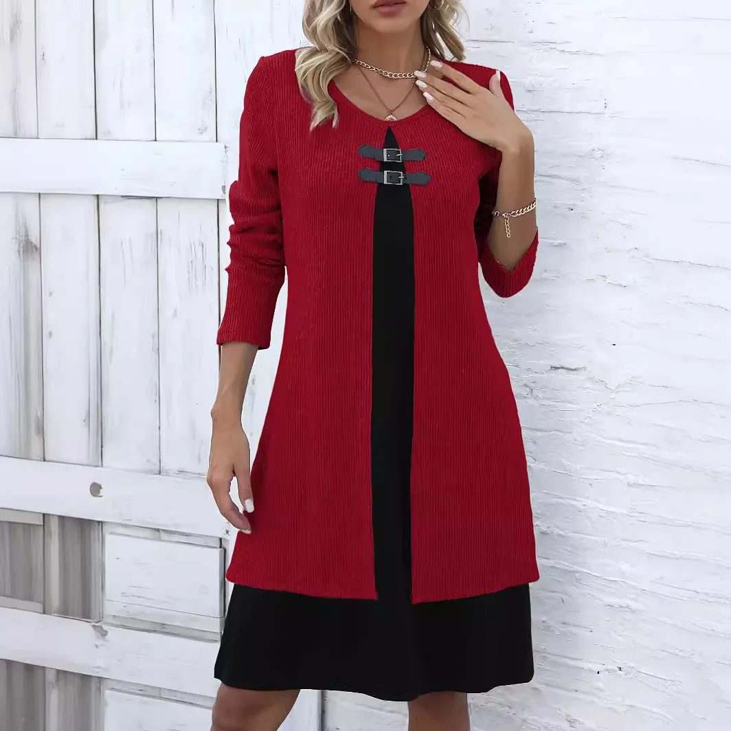 Spring Autumn Women's New Solid Long Sleeved Round Neck Dress Elegant Splicing Knitted Long Casual Comfortable Dress For Women