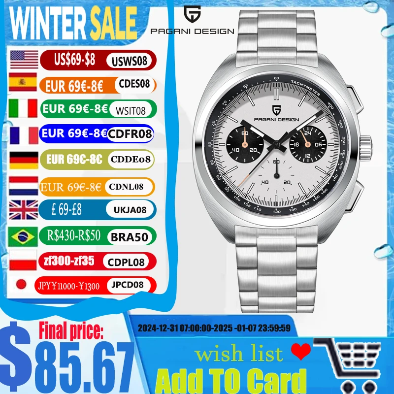 

PAGANI DESIGN New Luxury Panda Dial Man watch AR Sapphire 100M Waterproof Sport Chronograph VK64 Stainless steel Men's watches