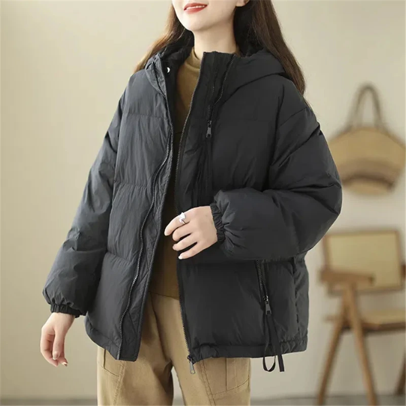 Winter Cotton-Padded Jacket Women 2023 New Fashion Loose Hooded Outerwear Zipper Pocket Coat Pure Colour Parka Overcoat Female