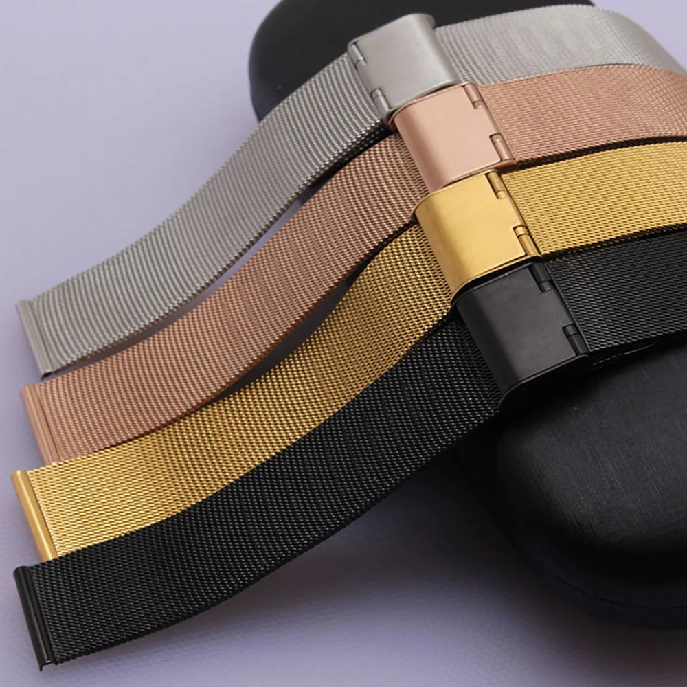 Ремешок «Миланская петля» из нержавеющей стали для наручных часов, прямой сетчатый Браслет с пряжкой, 12 мм 14 мм 16 мм 18 мм 20 мм 22 мм 24 мм