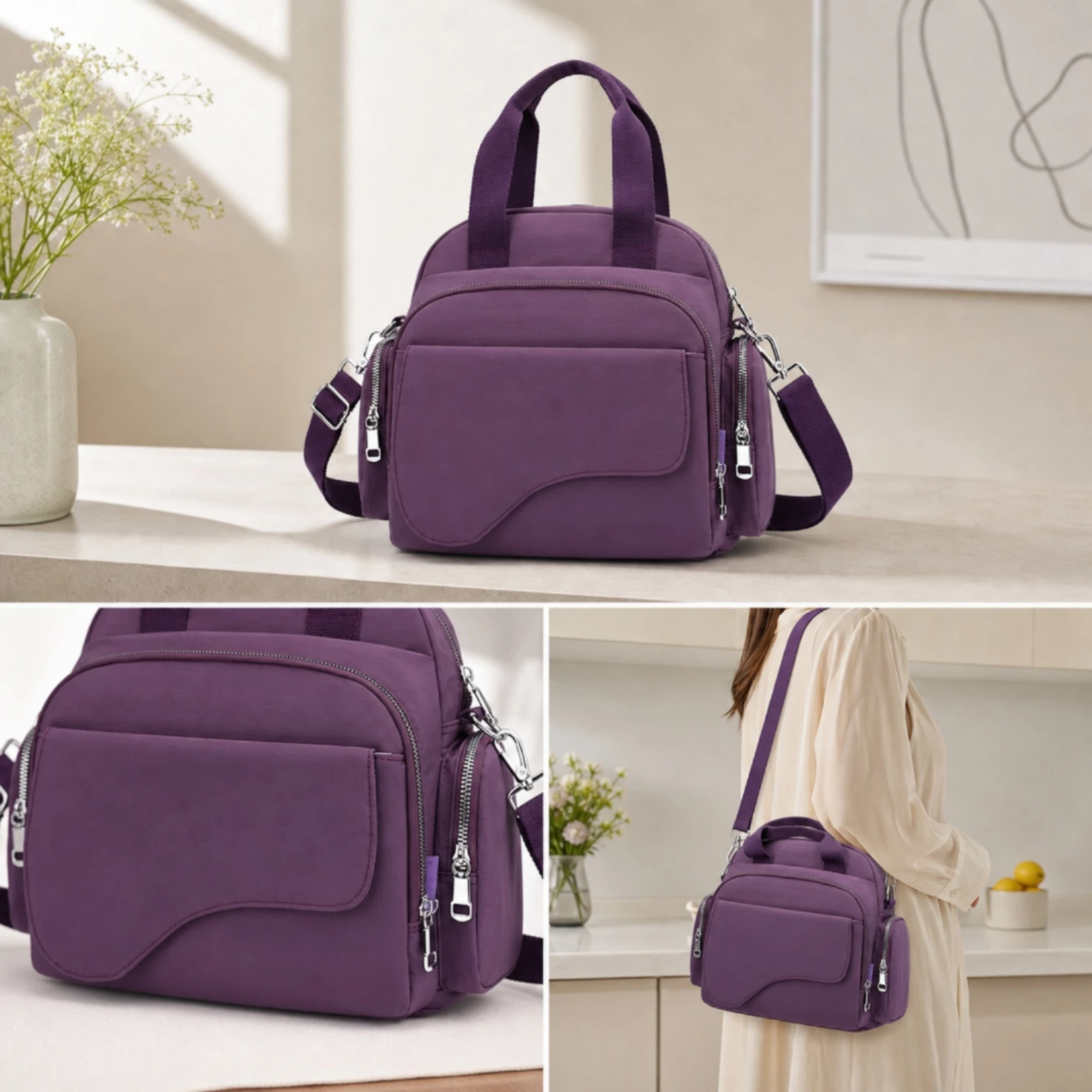 Nylon Handbag Structured Crossbody Bag Handbag with Shoulder Strap Water-Resistant Crossbody Purse Adjustable for Women