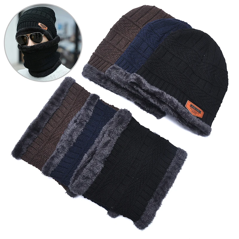 2022 Winter Beanie Hat for Men Knitted Hat Winter Cap Beanie Children Thick Wool Neck Scarf Cap Balaclava Mask Bonnet Hats Set