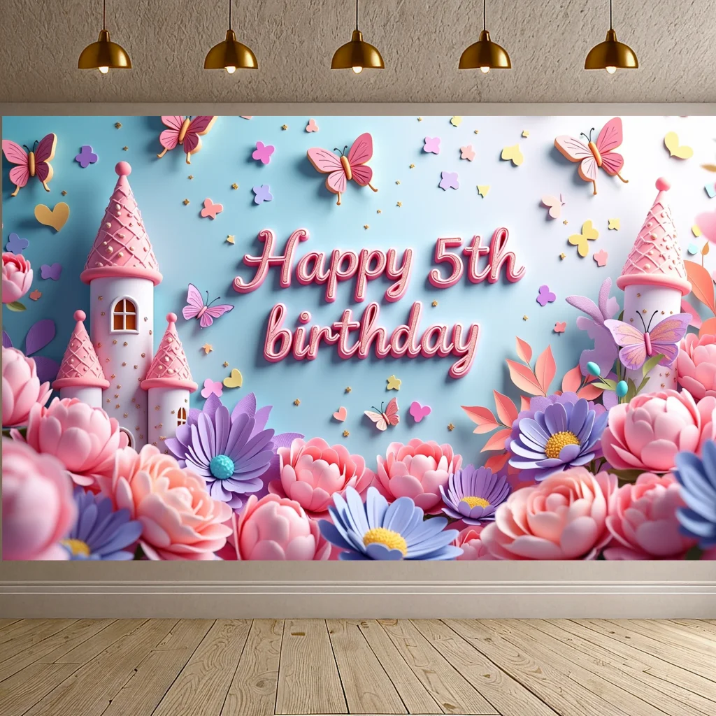 Floral Birthday banner Fun Customizable Lightweight Castle scene Engaging Backdrop for Party