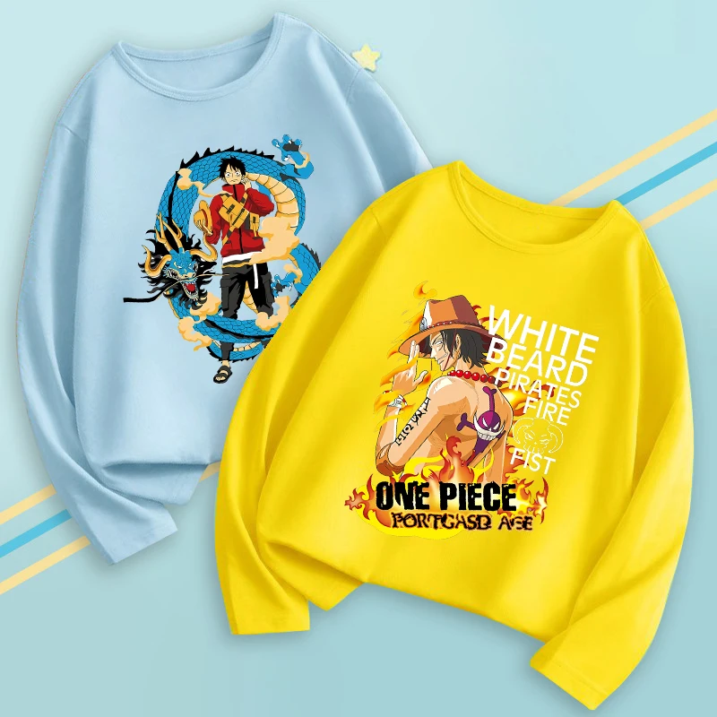 

One Piece Children's Long Sleeve T-shirt Anime Letter Shirt Autumn Winter Fashion Warm Clothes Boys Girls Cartoon Top Kids Gift