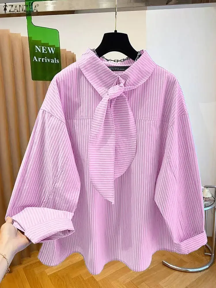 

Женские элегантные рубашки ZANZEA, винтажная полосатая блузка с винтажным принтом, осень 2022, повседневная туника с длинными рукавами и повязками, топы OL Blusas