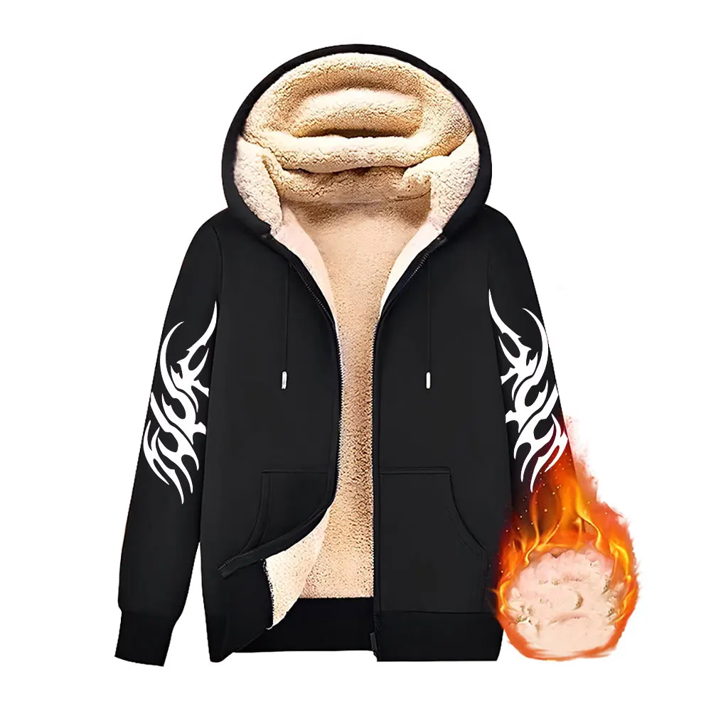 

Trendy Arm Prints Sweatshirt Pockets Warm Zipper Lamb Wool Jacket Men and Woman Winter Pure Color Plush Lined Cardigan Hoodie