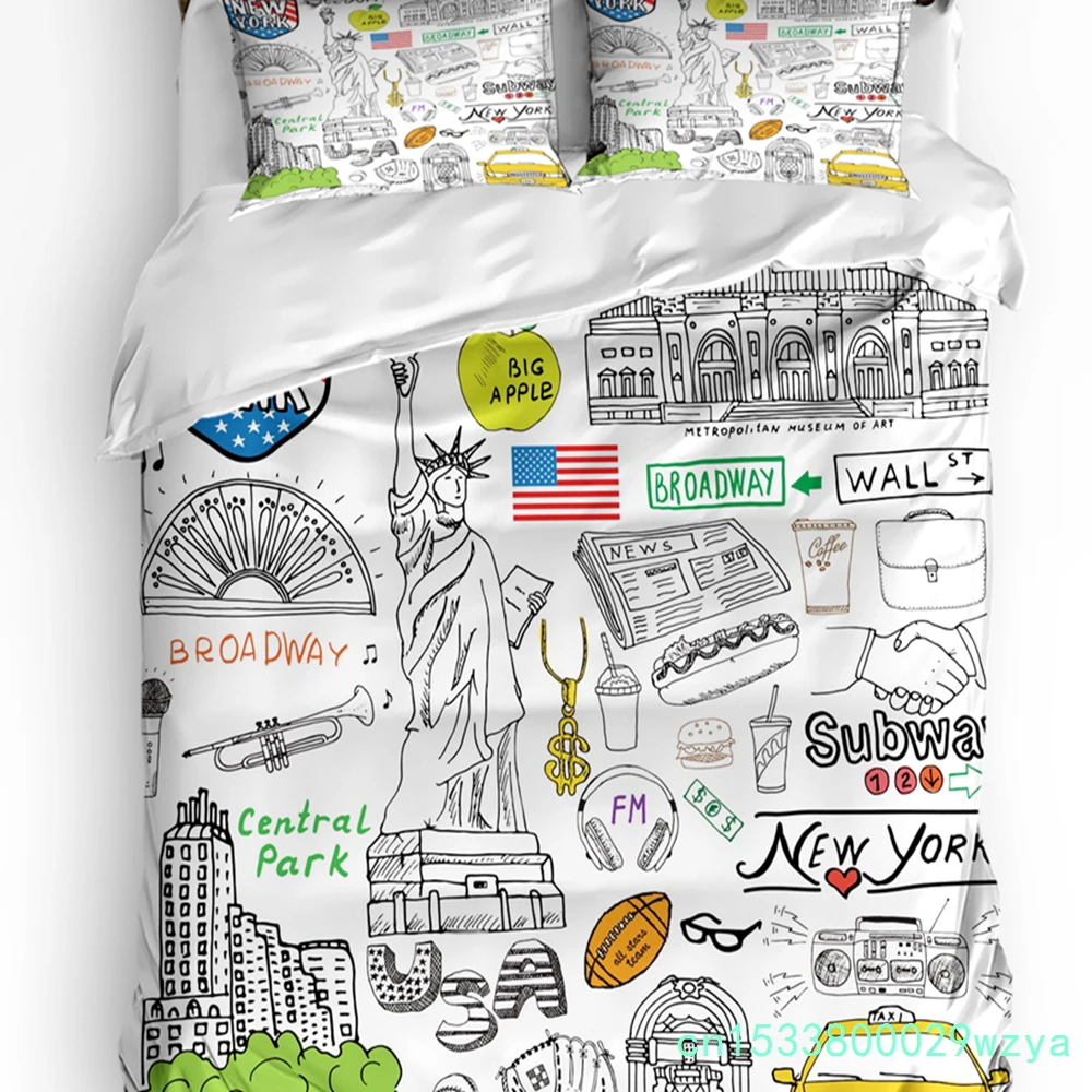 3pcs Bedding Set Business City Scenery New York Black And White Duvet Cover Pillow Case Boy Kid Teen Girl Bedding Covers Set