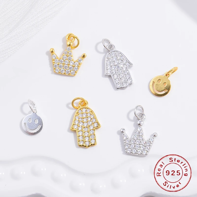 S925 Sterling Silver Zircon Crown Small Hamsa Hand Circular Smiling Face Pendant for Jewelry Making Accessories Wholesale SD35