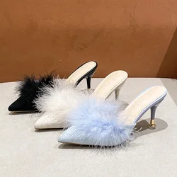 Woman Pumps Heel Slippers Women Shoes Solid Flock Pointed Toe Slip on Fur High Heels Summer Women Slides