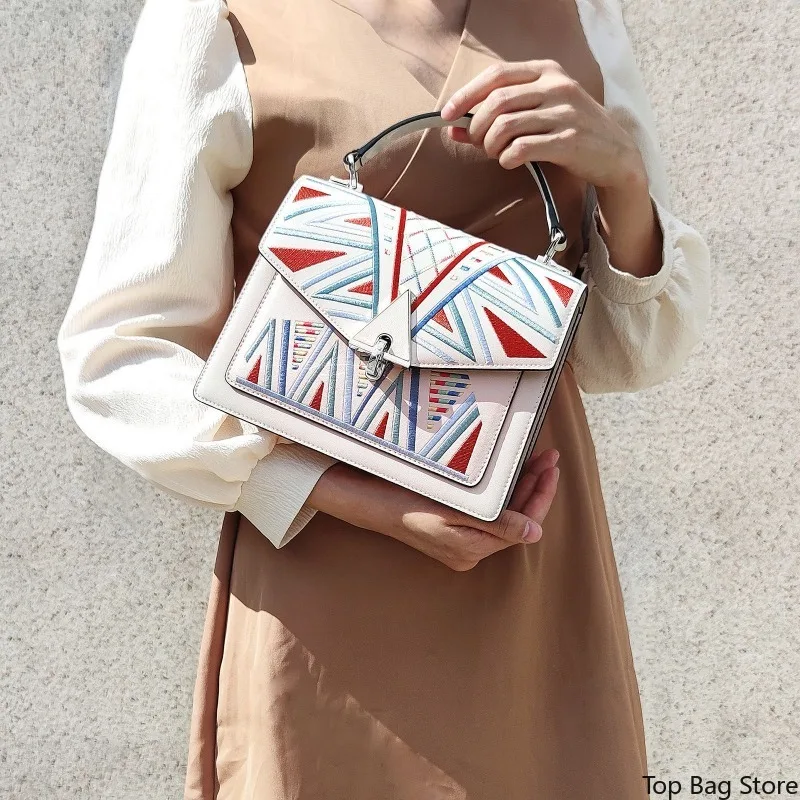 Elegant Everyday Shoulder Bag for Women Genuine Leather Top Handle Convertible Crossbody Strap Artisan Embroidery