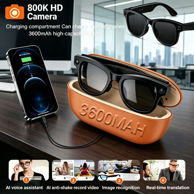 Nuovi Occhiali Intelligenti Con Fotocamera HD Da 800W, Batteria Di Grande Capacità Da 3600Mah, Scatto Foto 1080P, Memoria Da 32GB, Controllo Vocale Ai, Occhiali Intelligenti Per Musica-image
