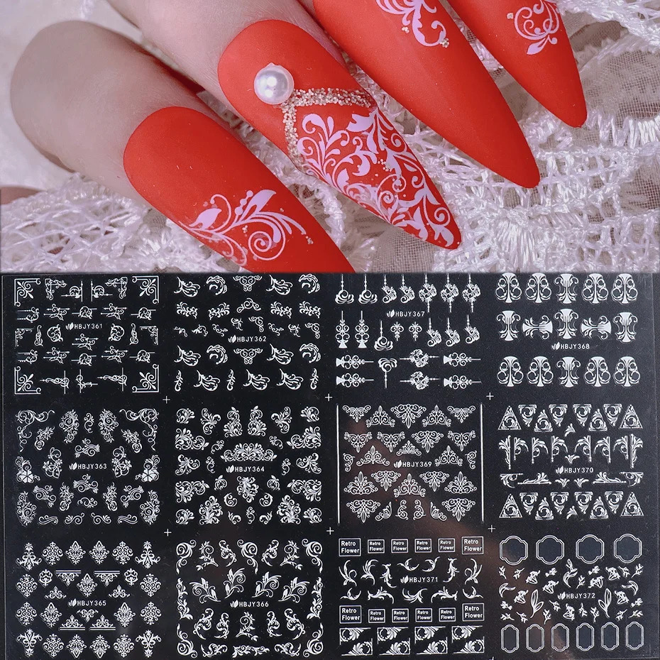 12 Design 3D Nagel Aufkleber Decals Weiß Schwarz Spitze Blumen Blatt Design Geometrie Linie Nagel Kunst Sliders Maniküre Dekorationen
