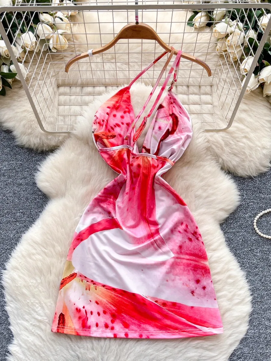 Foamlina ฤดูร้อนคอ SLIM FIT PURE Desire สาวร้อน Bodycon ชุดมินิยุโรปเซ็กซี่ Slanted COLLAR พิมพ์ Halter Dresses