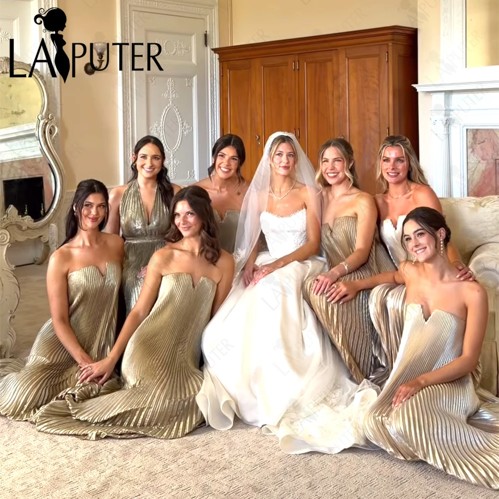 Crumpled Gold Bridesmaid Dresses Off Shoulder Empire Wedding Guest Gowns Woman Gold Decent Prom Dresses 2026