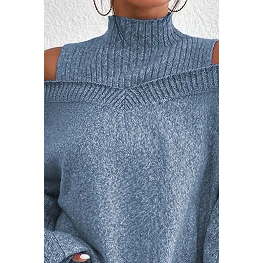 Suéter informal de talla grande, Jersey de punto de Cable negro, manga farol, hombros descubiertos