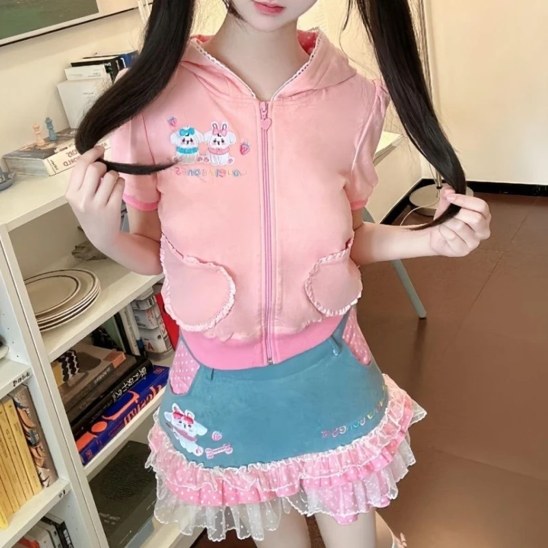 

Japan Kawaii Lolita Style Skirt Set Women Sweet Embroidery Bow Bunny Ear Love Hoodie Coat Lace Ruffles Mini Skirts Cute Y2k Suit