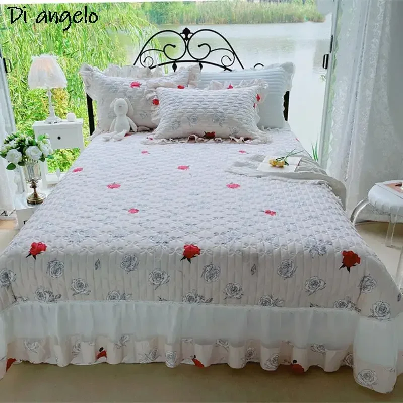 European Style Cotton Floral Wrap Around Ruffle Lace Bed Skirt Sheet Pillowcase Thickened Bed Cover Cotton Quilted Bedspread #/