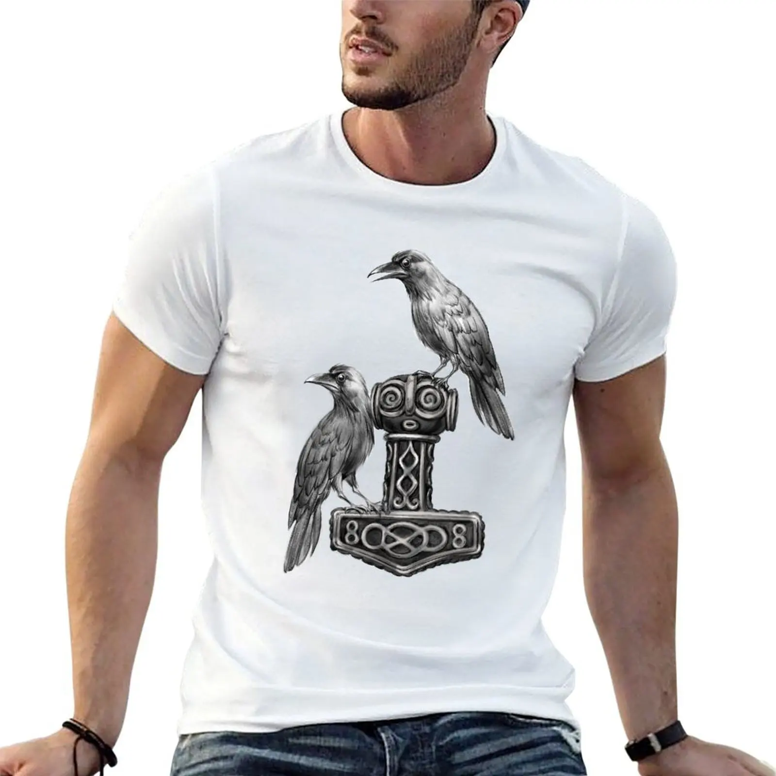 Thor Hammer Mj?lnir with Odin Ravens Hugin and Munin T-Shirt anime shirt rapper graphic tees mens plain t shirts