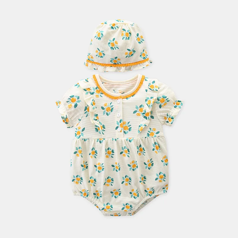 2024 New Flowers Printing Newborn Girls Romper Cute Short Sleeves Children Clothing with Hat Summer Soft Infant Girl Jumpsuits