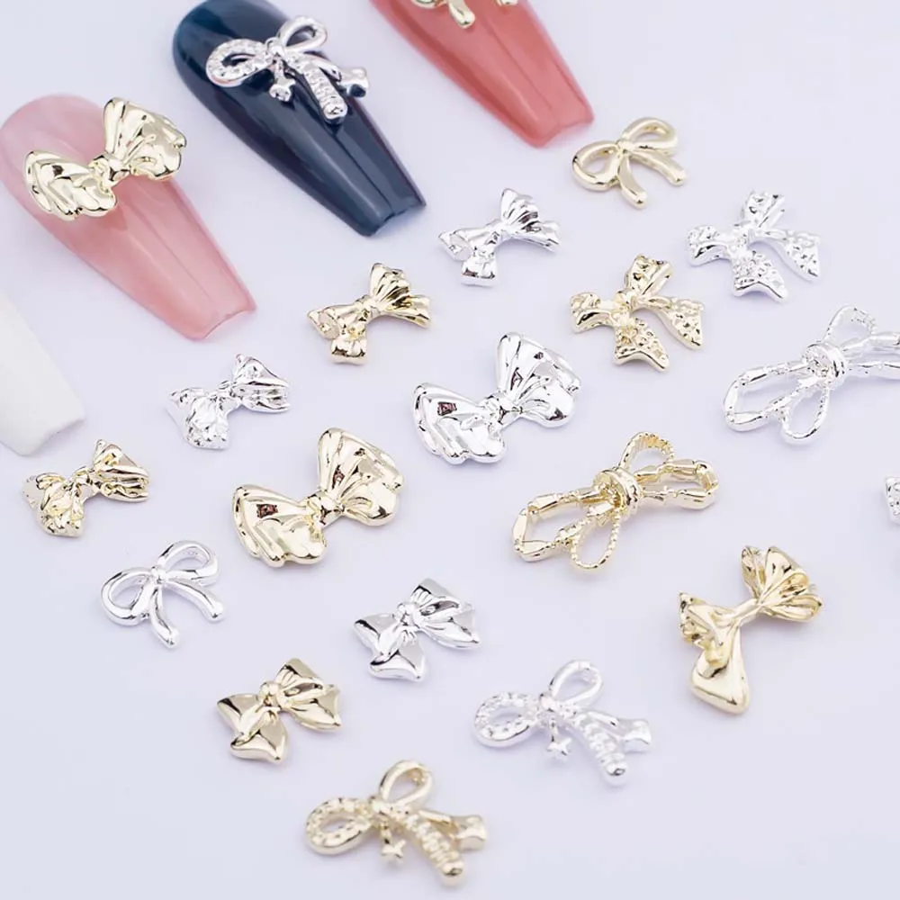 20Pcs Alloy Bowknot Nail Art Charms 3D Simple Style Gold Silver Mixed Nail Rhinestone Decoration Glitter Manicure Accessories