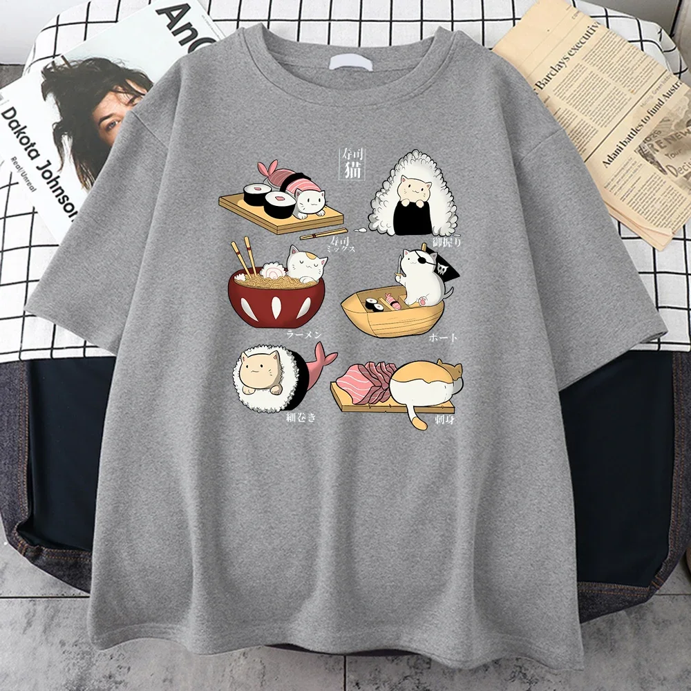 

Food Cute Cat Sushi Cartoon Style Print Men's T Shirt Fashion Loose T-Shirts Street Vintage T-Shirt Sport Quality Mens Clothing