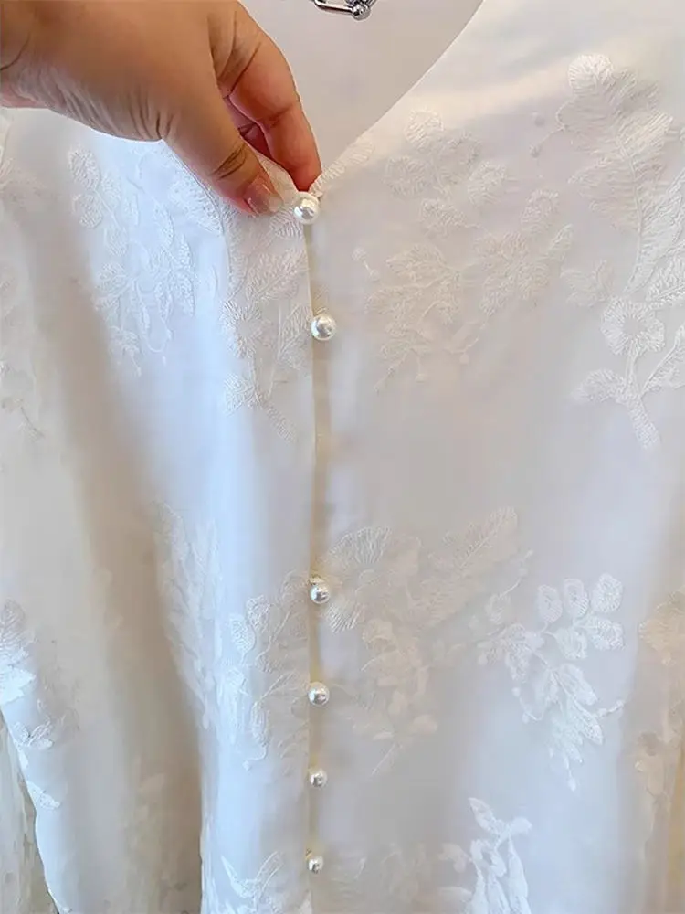 Ele White Lace Embroidery Long Sve irt Women's Summer Vintage Button V-Ne Sun Protection Cotton Blend Top