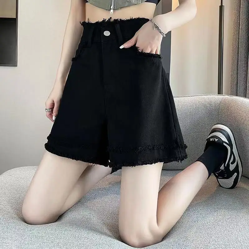 Women's Denim Shorts Women's Mid Length Spring/summer High Waisted A-line Version Loose Fitting Fashion Wide Leg Quarter Pants