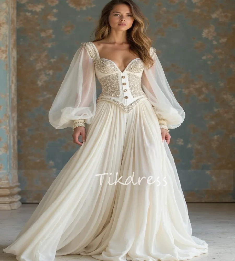 

Enchanting Boho Wedding Dress 2025 Sweetheart Long Sleeve Beaded Bohemian Bridal Dress Fairy Country Mystical Bride Customized