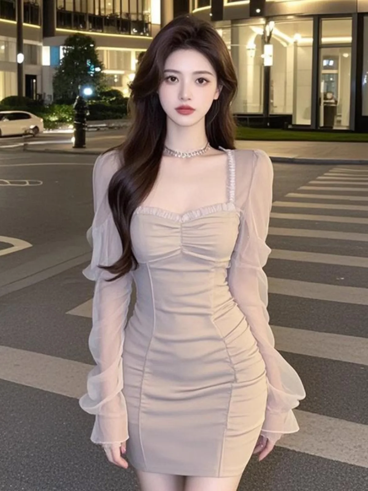 

Нежное молодежное розовое платье с квадратным вырезом и длинными рукавами, дизайнерское, для дня рождения, с юбкой-оберткой