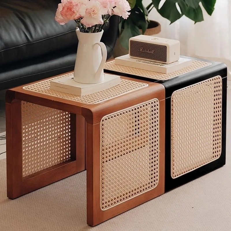 Fashion home multi-functional solid wood rattan square stool sofa edge corner few bed and breakfast bedside table small