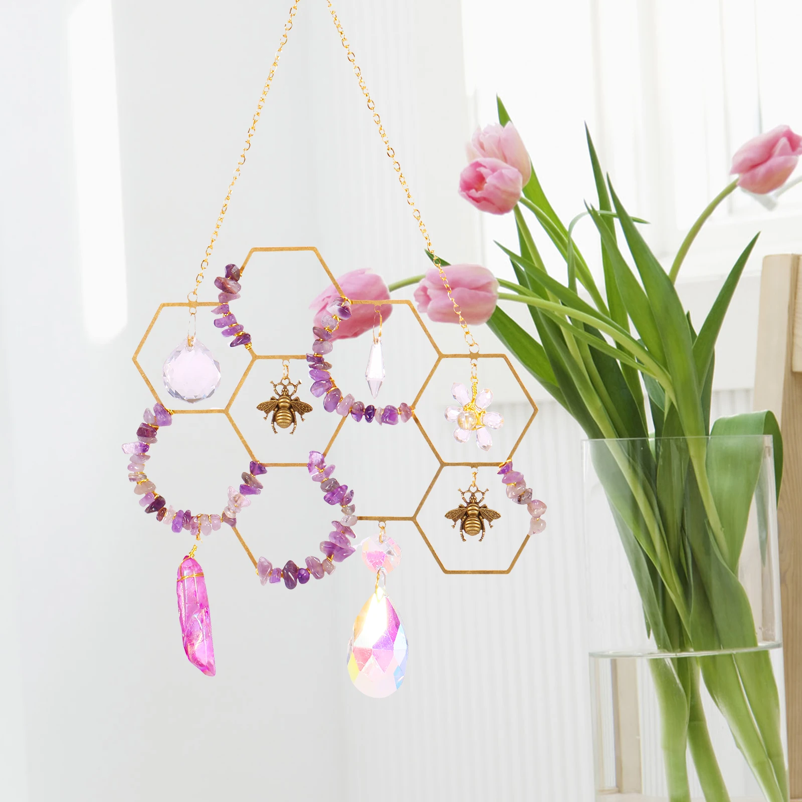 Window Crystal Suncatcher Hanging Bee Decor Honeycomb Sun Catcher Colorful Crystal Decor for Home Yard Party Wedding Christmas