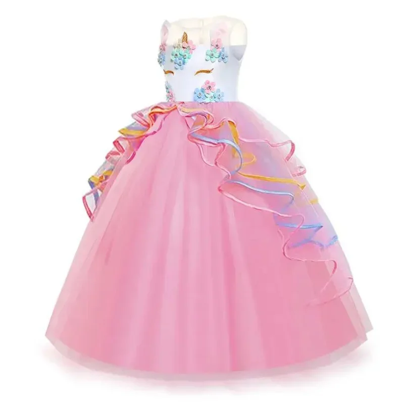 Long Girls Christmas Unicorn Princess Dress Children Wedding Party Floral Ball Gown For Kids Rainbow Birthday Costume 3-12 Yea D
